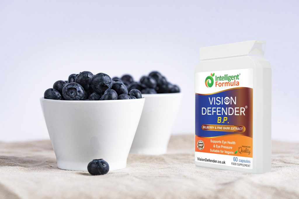bowl of bilberries and pack of Vision Defender BP