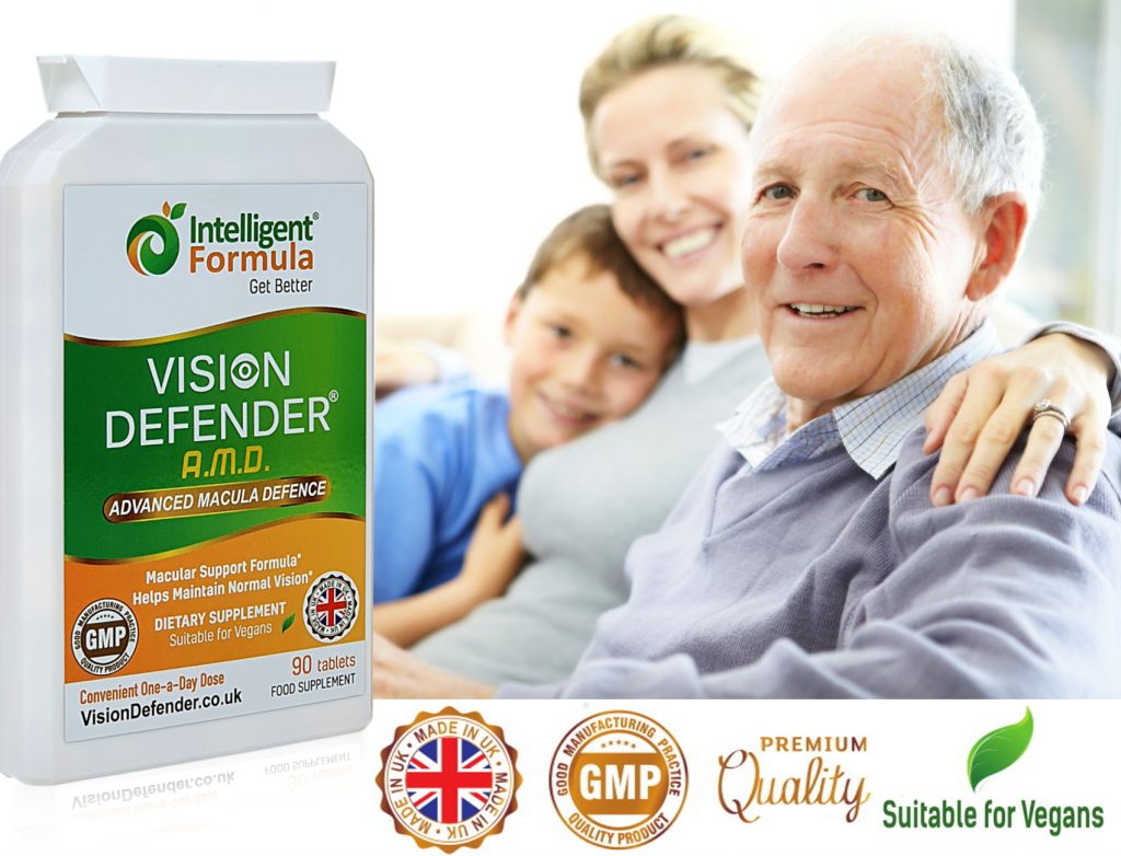 Photo of Vision Defender AMD bottle with happy family