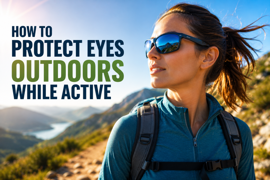 Image of women on a hike wearing sunglasses with a title that says 'How to Protect Eyes Outdoors While Active'