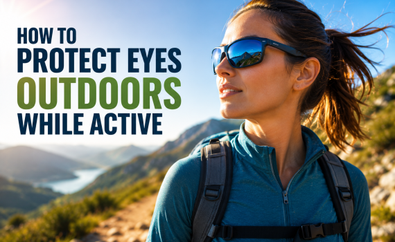 Image of women on a hike wearing sunglasses with a title that says 'How to Protect Eyes Outdoors While Active'